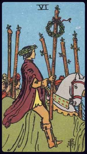 Rider-Waite-Smith tarot card image of the Six of Wands, upright.