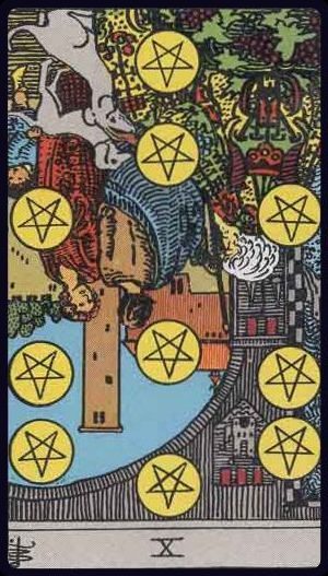 Ten of Pentacles reversed tarot card indicating instability, financial tension, or family conflict.