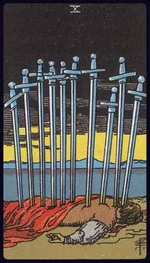 Rider-Waite-Smith tarot card depicting the Ten of Swords from the Suit of Swords, upright position.