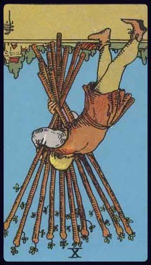 Rider-Waite-Smith tarot card image of the Ten of Wands, reversed.