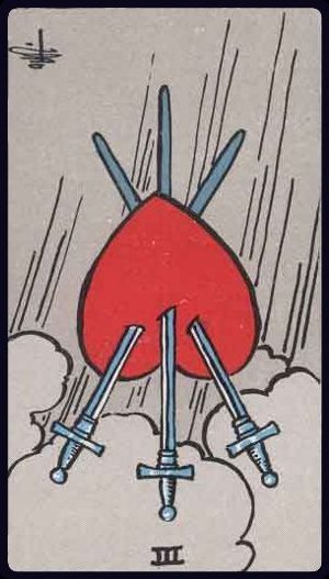 Rider-Waite-Smith tarot card depicting the Three of Swords from the Suit of Swords, reversed position.