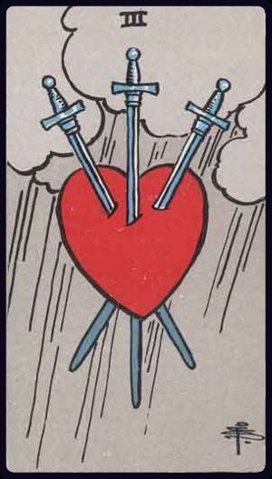 Rider-Waite-Smith tarot card depicting the Three of Swords from the Suit of Swords, upright position.