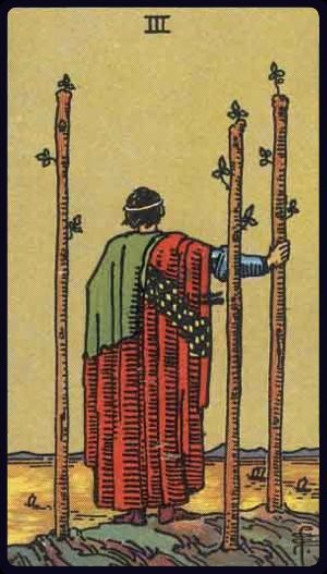 Rider-Waite-Smith tarot card image of the Three of Wands, upright.