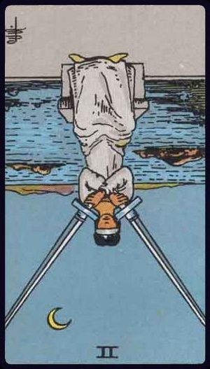 Rider-Waite-Smith tarot card depicting the Two of Swords from the Suit of Swords, reversed position.