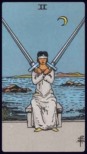 Rider-Waite-Smith tarot card depicting the Two of Swords from the Suit of Swords, upright position.